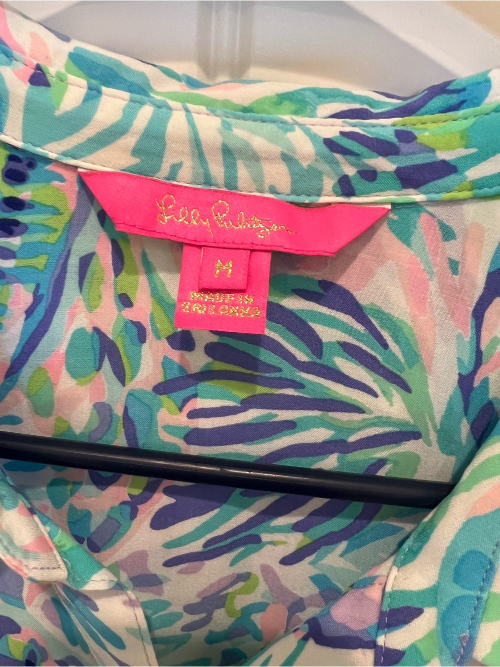 $98 Lilly Pulitzer Turquoise Blue Pink Green Palm-Print Shirtdress - Picture 3 of 11